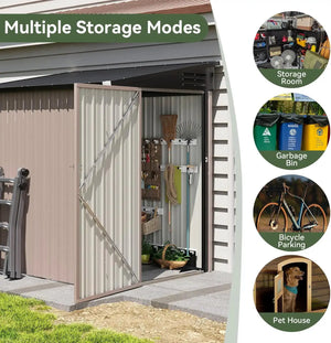 Nordivale 6x4FT Lean To Shed Garden Sloped Roof Metal Storage Shed Lockable Doors Single Door Outdoor Bike Shed Backyard Patio Poolside Brown