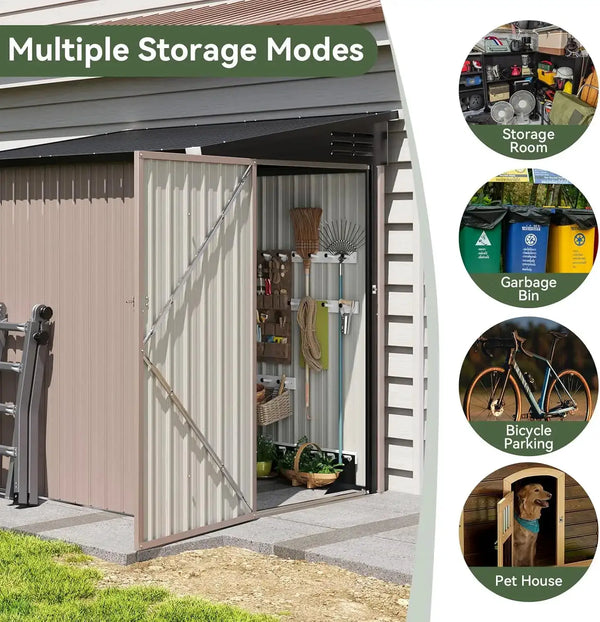 Nordivale 6x4FT Lean To Shed Garden Sloped Roof Metal Storage Shed Lockable Doors Single Door Outdoor Bike Shed Backyard Patio Poolside Brown