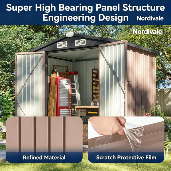 Nordivale 6x4FT Metal Garden Storage Shed Lockable Outdoor Tool Shelter with Sloping Roof for Backyard Patio Brown