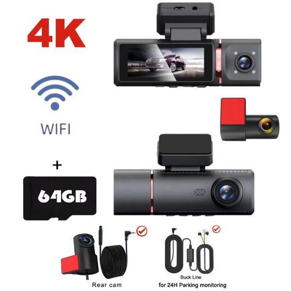 Sherway 3 Channel 4K Car Dash Cam With GPS Recorder 170 Degree Front Lens LCD - stepyours.com