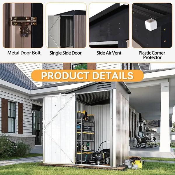 Nordivale 6x4FT Lean To Shed Garden Sloped Roof Metal Storage Shed Lockable Doors Single Door Outdoor Bike Shed Backyard Patio Poolside Brown