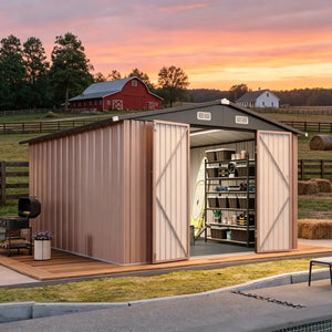 Nordivale 10x12FT Outdoor Storage Shed with Floor and Lockable Double Doors Heavy Duty Galvanized Steel Metal Shed for Bike Tool Generator Storage in Backyard Patio