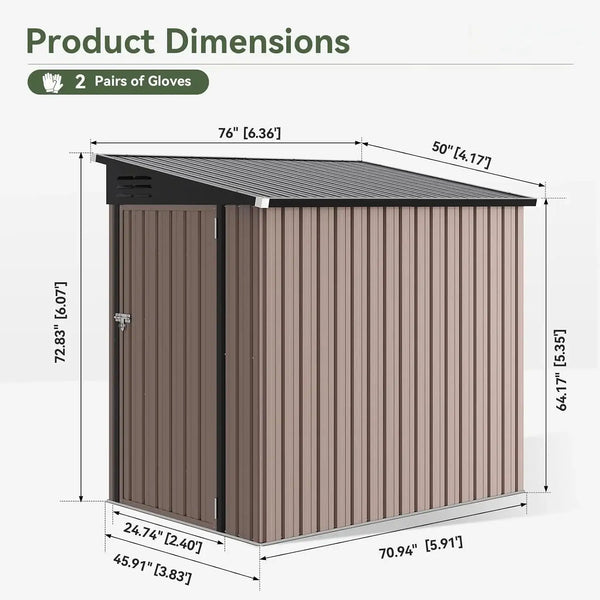 Nordivale 6x4FT Lean To Shed Garden Sloped Roof Metal Storage Shed Lockable Doors Single Door Outdoor Bike Shed Backyard Patio Poolside Brown