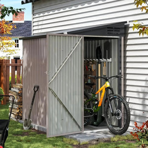 Nordivale 6x4FT Lean To Shed Garden Sloped Roof Metal Storage Shed Lockable Doors Single Door Outdoor Bike Shed Backyard Patio Poolside Brown