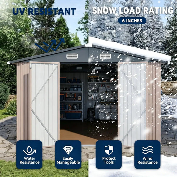 Nordivale 10x12FT Outdoor Storage Shed with Floor and Lockable Double Doors Heavy Duty Galvanized Steel Metal Shed for Bike Tool Generator Storage in Backyard Patio
