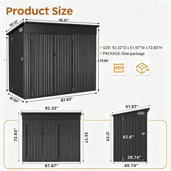 4x8ft Outdoor Storage Shed With Triple Lockable Door Metal Storage Cabinet With Sloping Roof For Tools Bicycles Storage For Garden Patio Courtyard