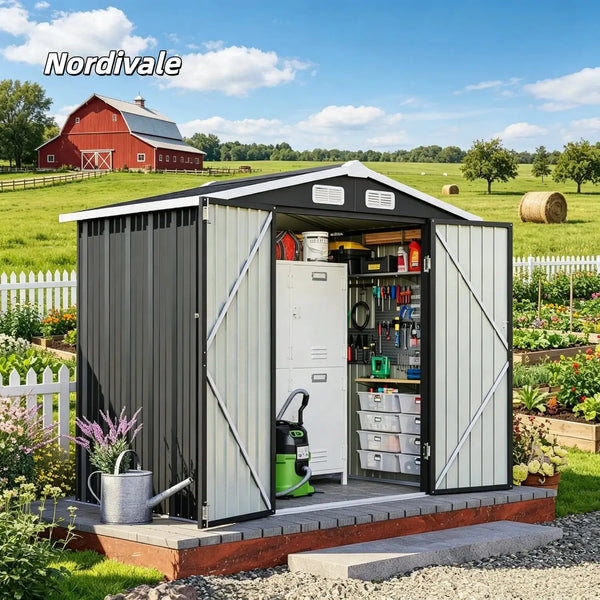 Nordivale 6x4FT Metal Garden Storage Shed Lockable Outdoor Tool Shelter with Sloping Roof for Backyard Patio Brown