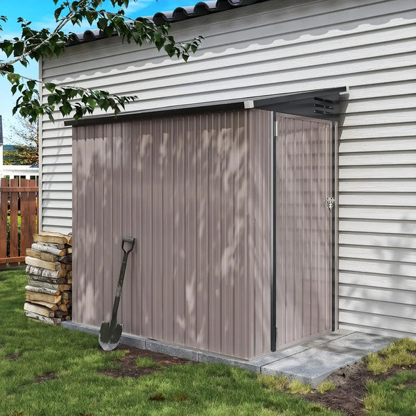 Nordivale 6x4FT Lean To Shed Garden Sloped Roof Metal Storage Shed Lockable Doors Single Door Outdoor Bike Shed Backyard Patio Poolside Brown