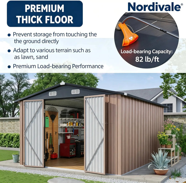 Nordivale 10x12FT Outdoor Storage Shed with Floor and Lockable Double Doors Heavy Duty Galvanized Steel Metal Shed for Bike Tool Generator Storage in Backyard Patio