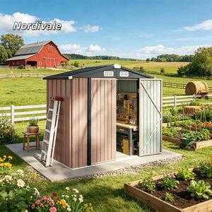 Nordivale 6x4FT Metal Garden Storage Shed Lockable Outdoor Tool Shelter with Sloping Roof for Backyard Patio Brown