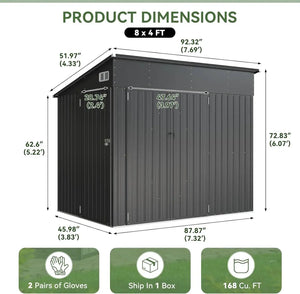 Nordivale 8x4FT Triple Door Metal Storage Shed Lockable Outdoor Cabinet Sloping Roof for Garden Backyard Tools Bicycles Black