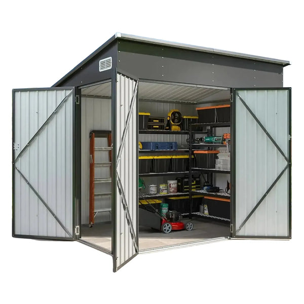 Nordivale 8x4FT Triple Door Metal Storage Shed Lockable Outdoor Cabinet Sloping Roof for Garden Backyard Tools Bicycles Black