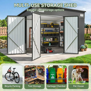 9.4x7.3ft Triple Door Outdoor Storage Shed Black Metal Storage Cabinet With Sloping Roof For Tools Bicycles Storage For Garden Patio Backyard