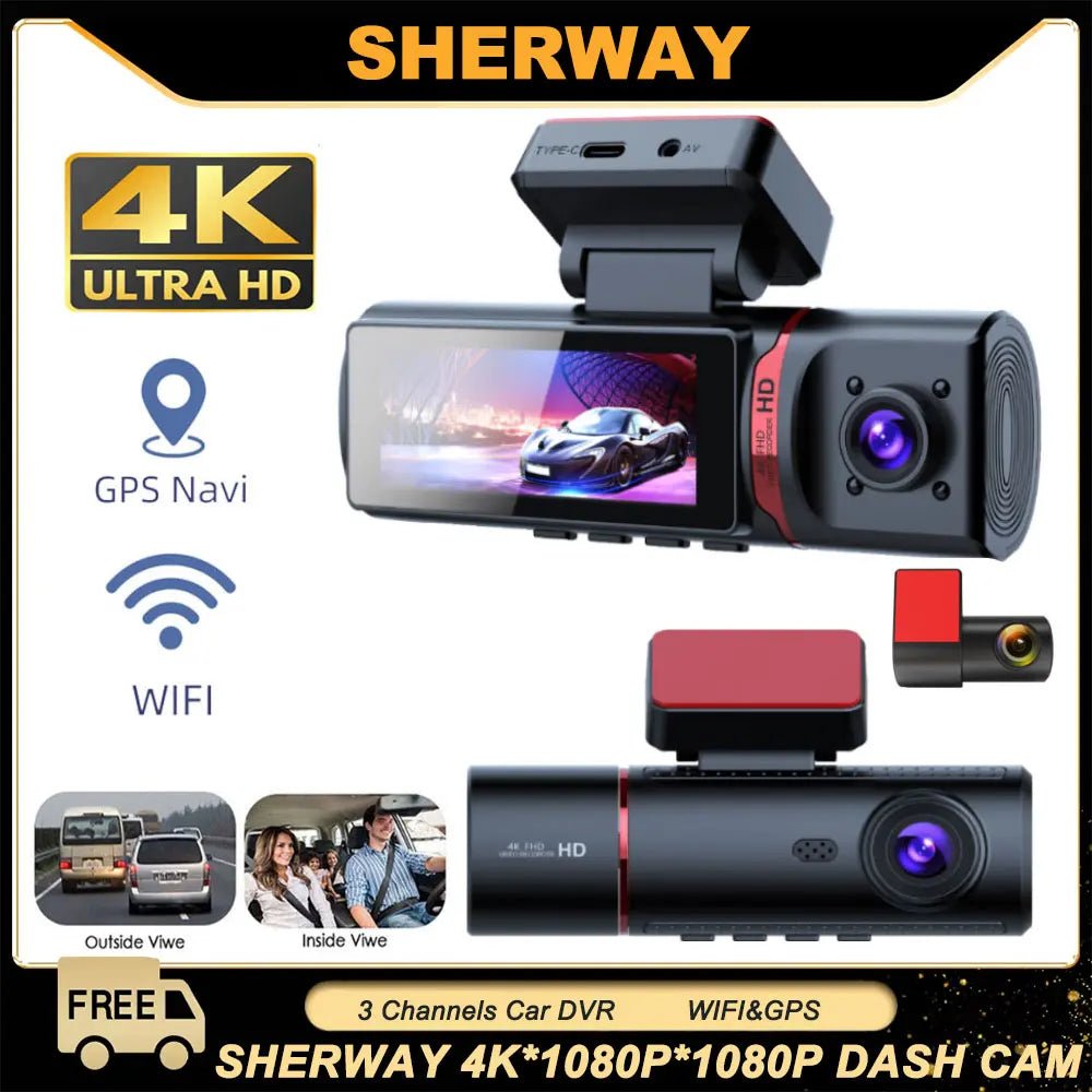 Sherway 3 Channel 4K Car Dash Cam With GPS Recorder 170 Degree Front Lens LCD - stepyours.com