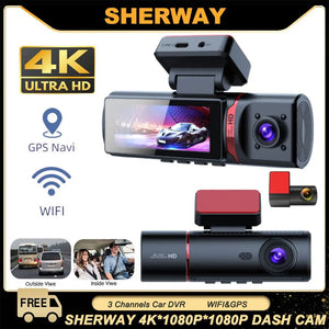 Sherway 3 Channel 4K Car Dash Cam With GPS Recorder 170 Degree Front Lens LCD - stepyours.com