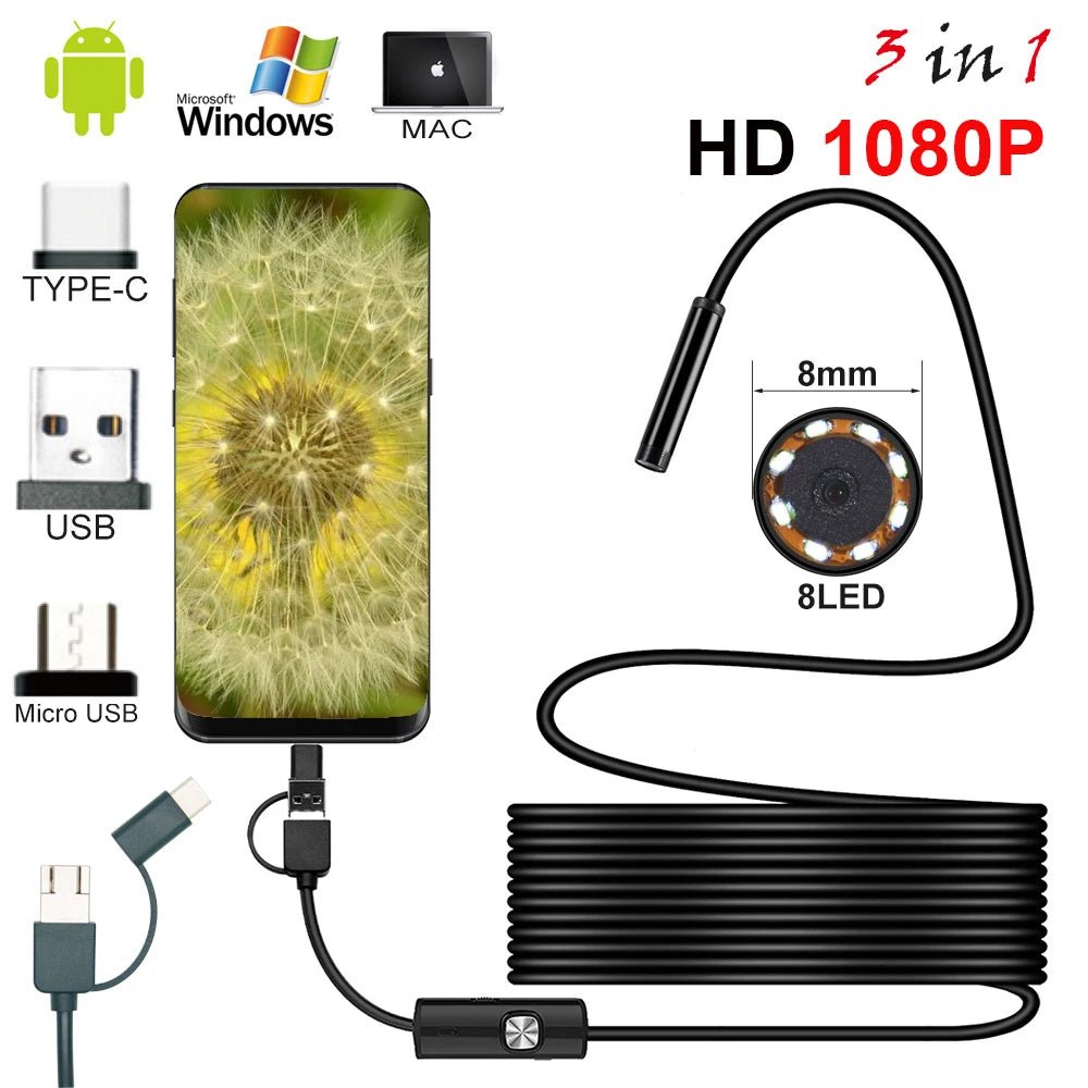 AN98A 8mm Endoscope Camera 1080P USB Borescope 8 LEDs 5M Cable Hooks - stepyours.com