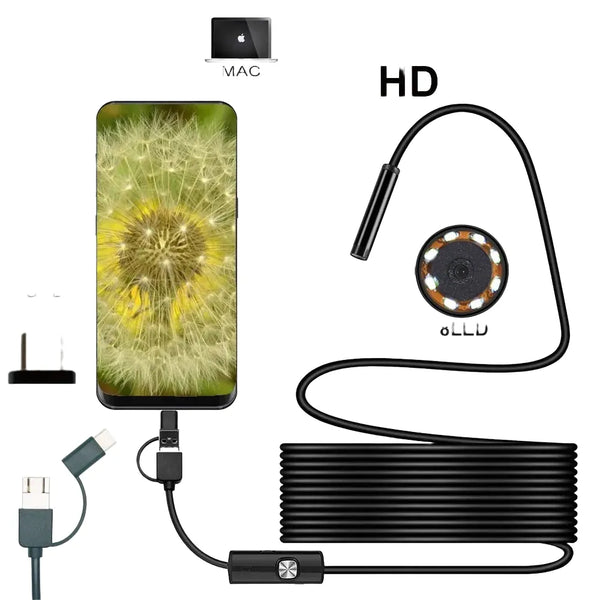 AN98A 8mm Endoscope Camera 1080P USB Borescope 8 LEDs 5M Cable Hooks - stepyours.com