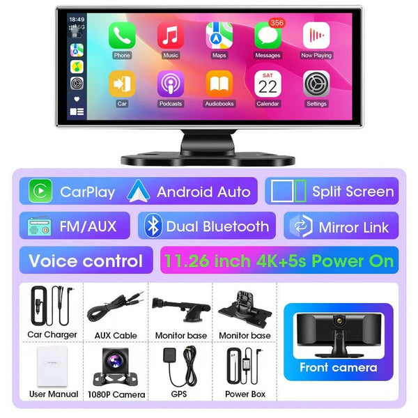 11.26 Inch Car DVR 4K Dash Cam Dual Lens Wireless CarPlay Android Auto Monitor - stepyours.com
