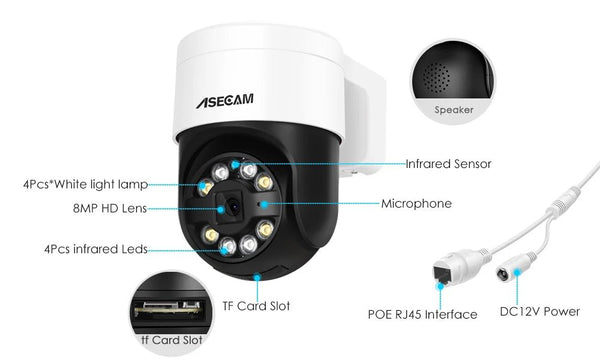 ASECAM 8MP 4K PTZ IP Camera Outdoor - AI Face Detection PoE Security Camera - stepyours.com