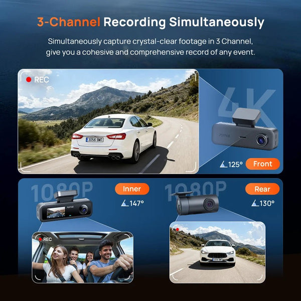 70mai T800e 3 Channel Dash Cam 4K Front 1080p Rear And Interior HDR GPS WiFi 6 - stepyours.com