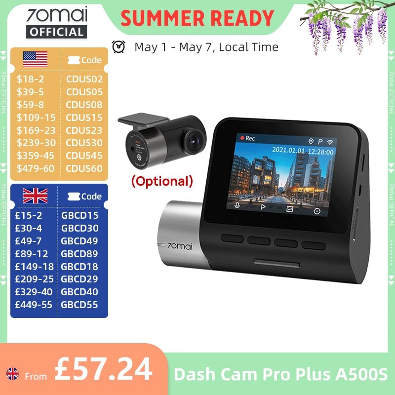 70mai Dash Cam Pro Plus A500S 1944P ADAS GPS 140FOV Front and Rear Cam - stepyours.com