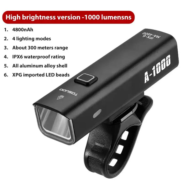 TOSUOD Bicycle Light 1000/1200/1500 Lumen Bike Headlight Power Bank Flashlight Handlebar USB Charging MTB Road Highlight