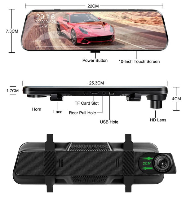10 Inch 1080P Night Vision Car Dash Cam With Touch Screen And Rear View Mirror - stepyours.com