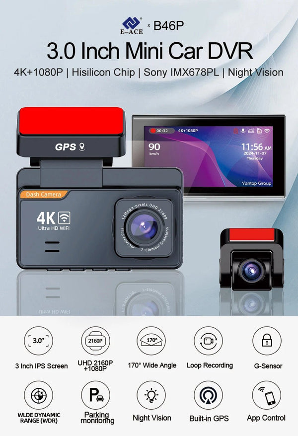 E - ACE Dash Cam 4K Dual Lens GPS WiFi 24h Parking Night Vision Rear View - stepyours.com