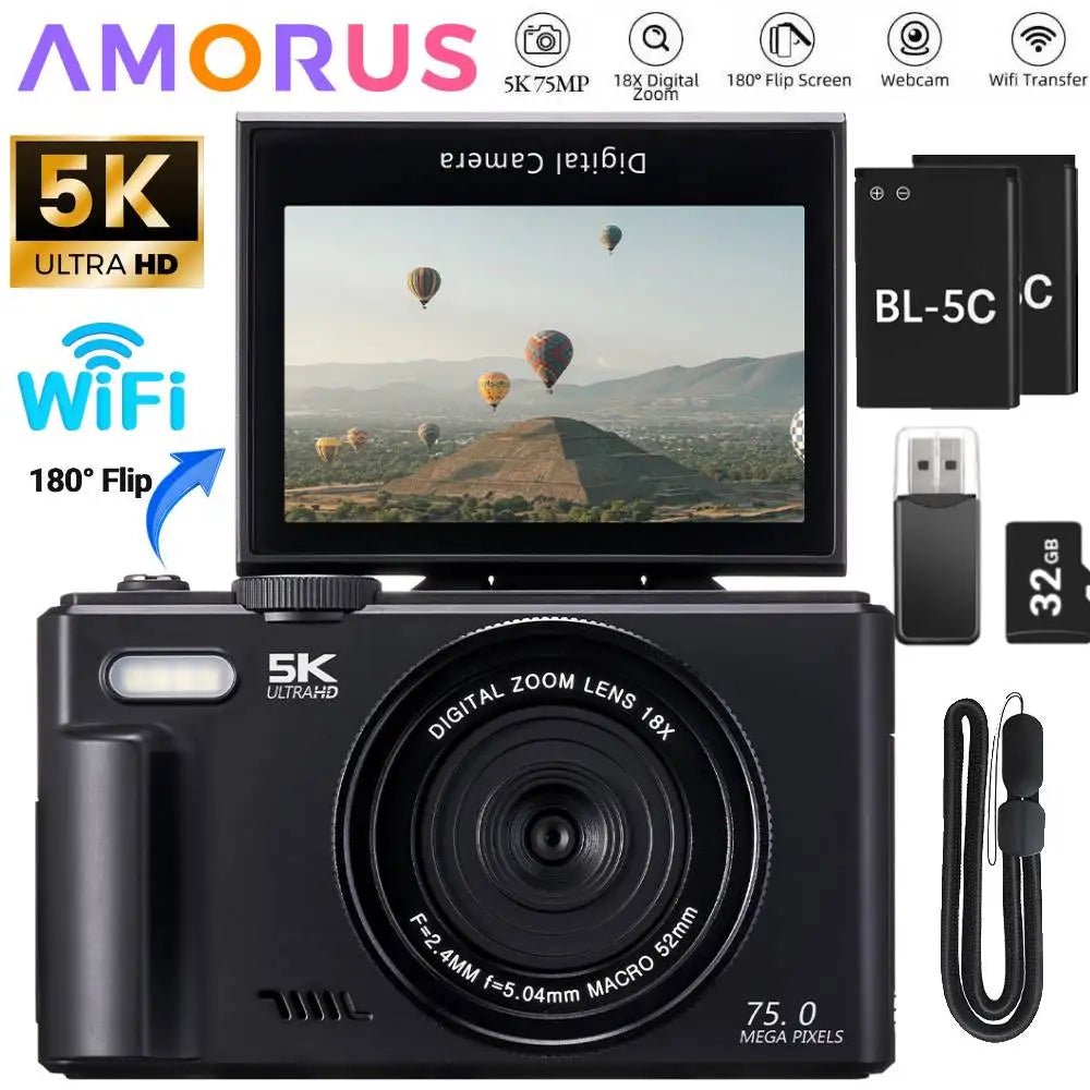 Amorus 75MP Digital Camera 5.7K Video 18x Zoom WiFi Vlog Camera - stepyours.com