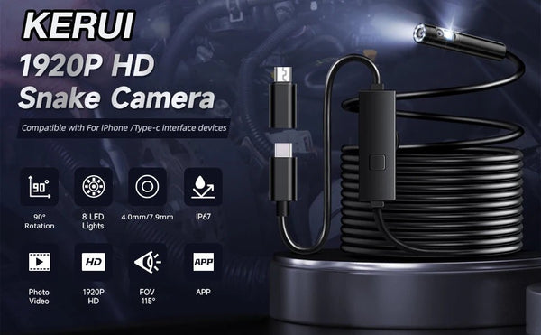 KERUI Endoscope Camera Dual Lens TypeC LED IP67 Waterproof iPhone iPad Android - stepyours.com