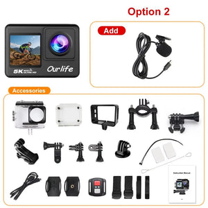 Ourlife 5K Action Camera 4K60FPS 2 Inch Touch Screen WiFi 30M Waterproof Bicycle - stepyours.com