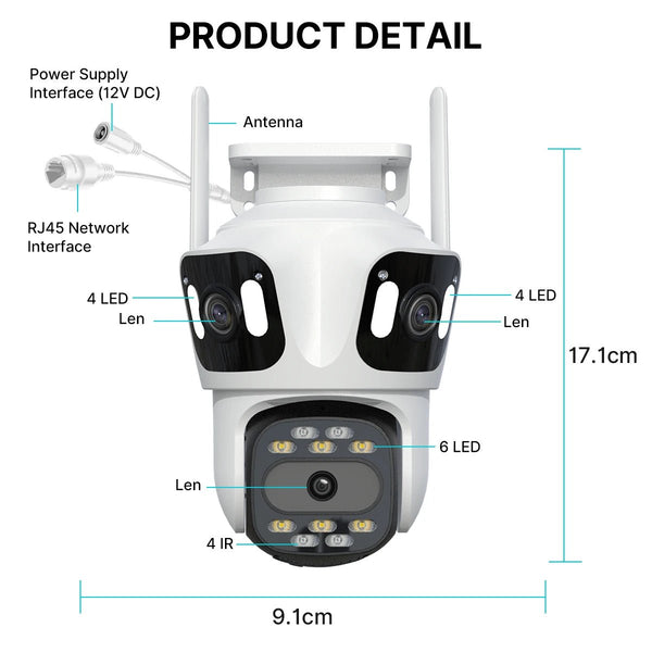 Three Lens PTZ IP Camera Outdoor HD WiFi Security Auto Tracking CCTV Hooks - stepyours.com