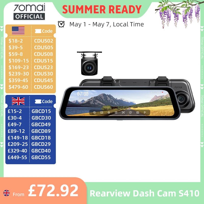 70mai S410 Rearview Dash Cam 2K Front 1080P Mirror - stepyours.com