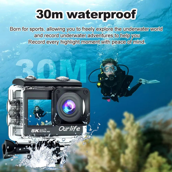 Ourlife 5K Action Camera 4K60FPS 2 Inch Touch Screen WiFi 30M Waterproof Bicycle - stepyours.com
