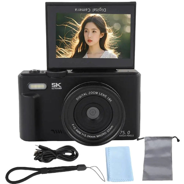 Amorus 5K Digital Camera 75MP 18X Zoom 180 Flip Screen WiFi For YouTube - stepyours.com