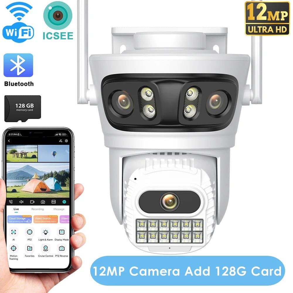 12MP Outdoor WiFi Camera - With 3 Lens PTZ AI Tracking For ICSEE App - stepyours.com