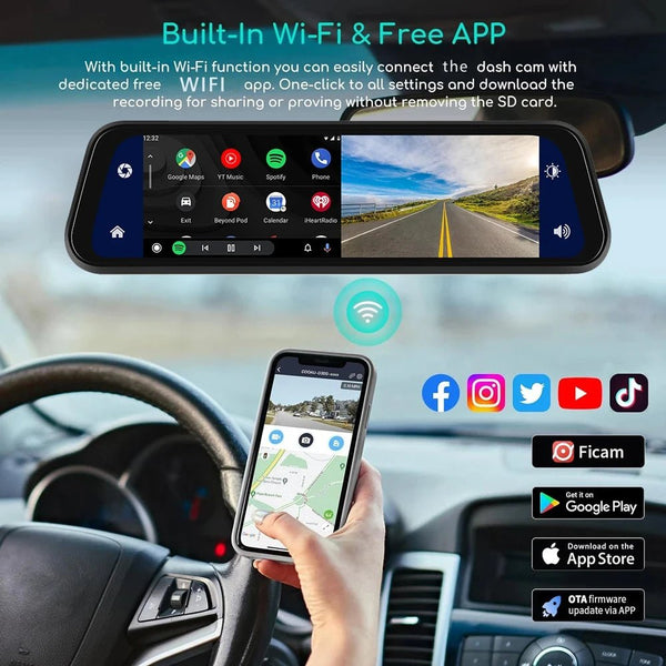 10 Inch 4K Dash Cam With CarPlay Android Auto GPS WiFi Rearview Mirror - stepyours.com