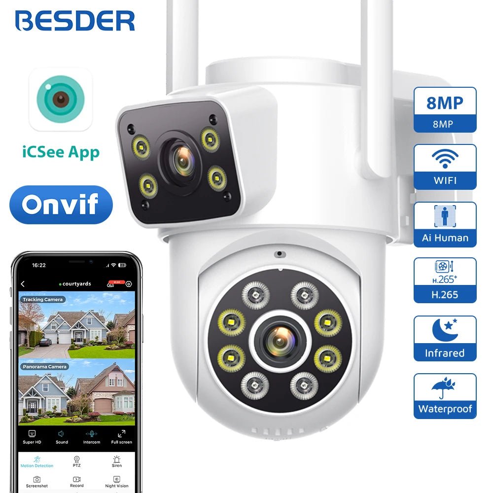 BESDER 8MP WiFi PTZ Outdoor Camera - With AI Human Detection Dual Screens - stepyours.com