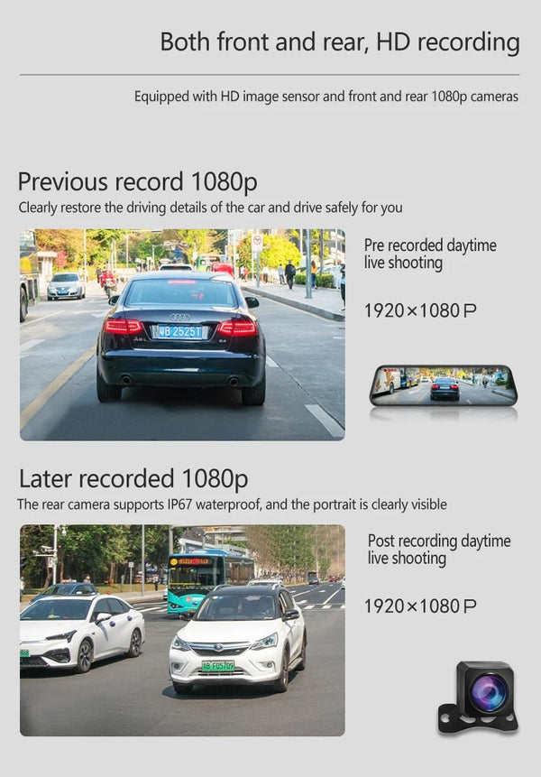 10 Inch Car Touch Screen Rear View Mirror Dash Cam Front And Rear Cameras - stepyours.com