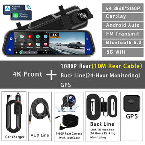 10 Inch 4K Dash Cam With CarPlay Android Auto GPS WiFi Rearview Mirror - stepyours.com