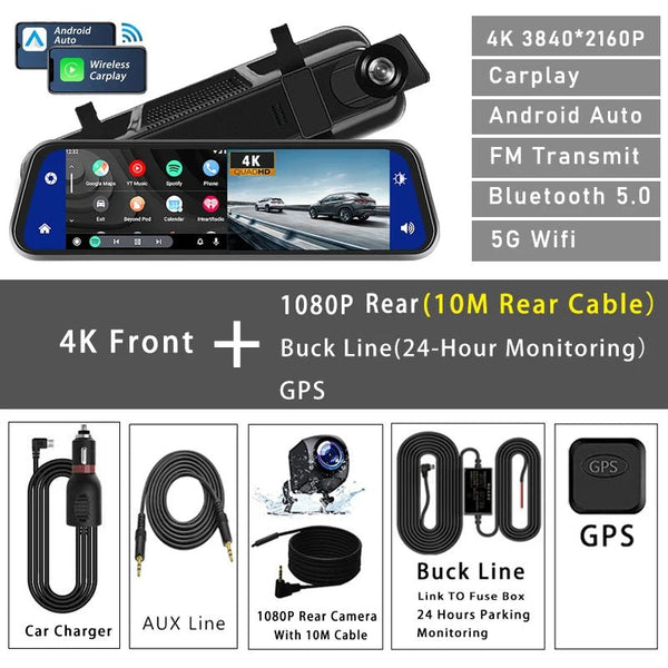 10 Inch 4K Dash Cam With CarPlay Android Auto GPS WiFi Rearview Mirror - stepyours.com