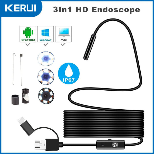 KERUI 3In1 Endoscope Camera For Android And PC With 7mm IP67 Waterproof - stepyours.com