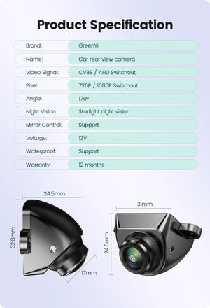 GreenYi AHD 1080P Car Rear View Camera Fisheye Lens 170 Degree Night Vision - stepyours.com