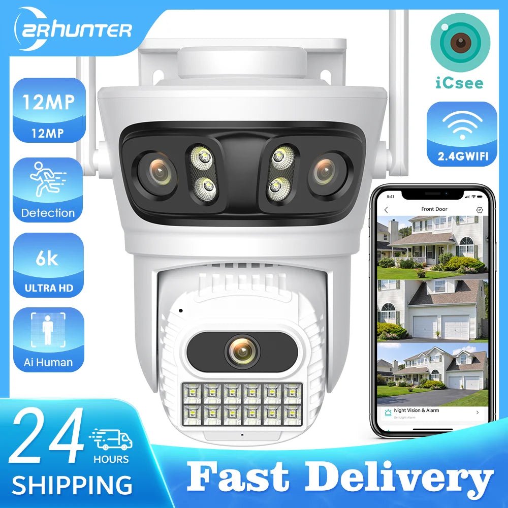 12MP Outdoor WiFi Camera - With 3 Lens PTZ AI Tracking For ICSEE App - stepyours.com