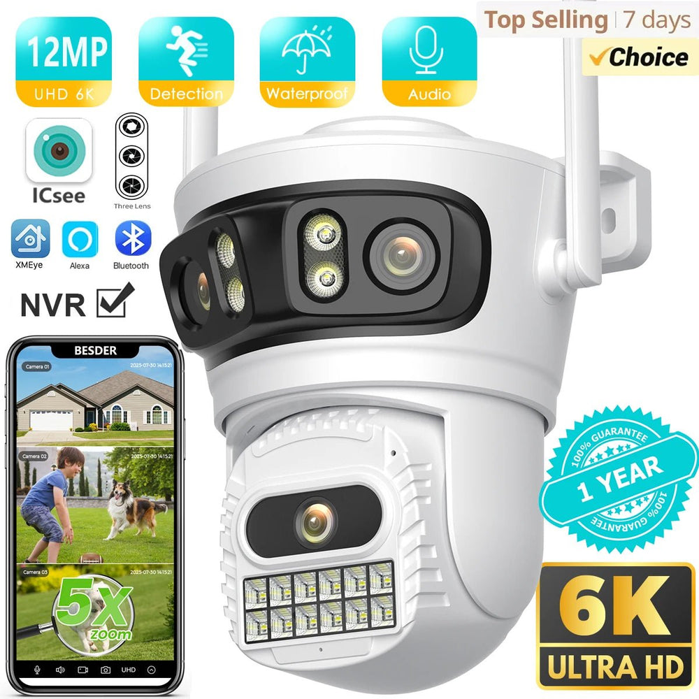 BESDER 6K 12MP Outdoor IP Camera - Three Lens AI Human Detection Waterproof - stepyours.com