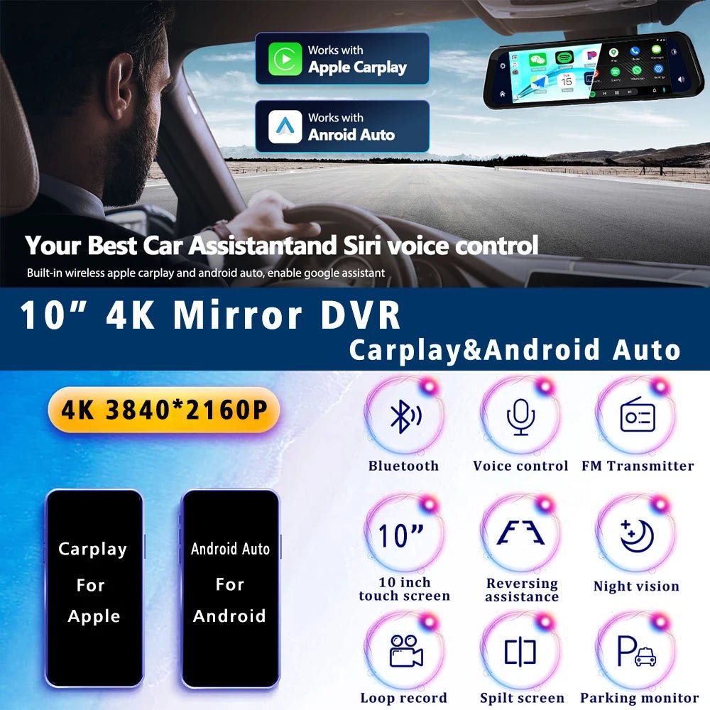 10 Inch 4K Dash Cam With CarPlay Android Auto GPS WiFi Rearview Mirror - stepyours.com