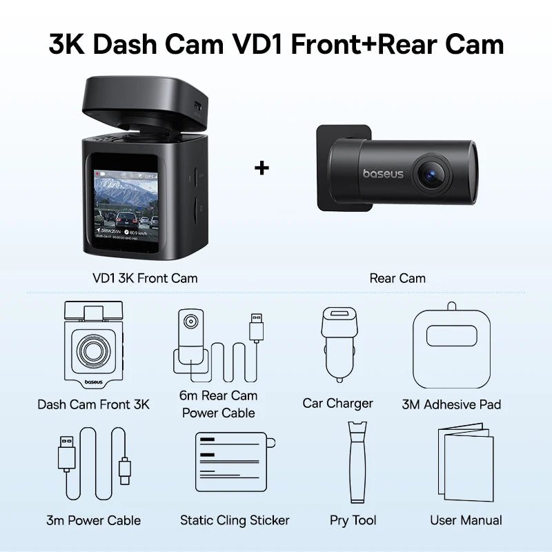 Baseus VD1 3K Dash Cam Front And Rear With GPS Supercapacitor 24H Parking - stepyours.com