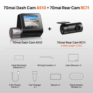 70Mai A510 Dash Cam 1944P HDR GPS ADAS 4G Front And Rear Car DVR - stepyours.com