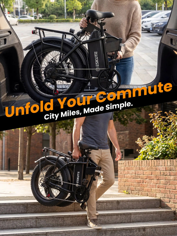 ESKUTE Electric Bike for Adults, 48V 20.8Ah Removable Battery, 20x4 Fat Tire Foldable Ebike with 1200W Peak Motor, Folding E Bike with 7‑Speed, 20+ MPH, up to 80 Miles, NFC Unlock