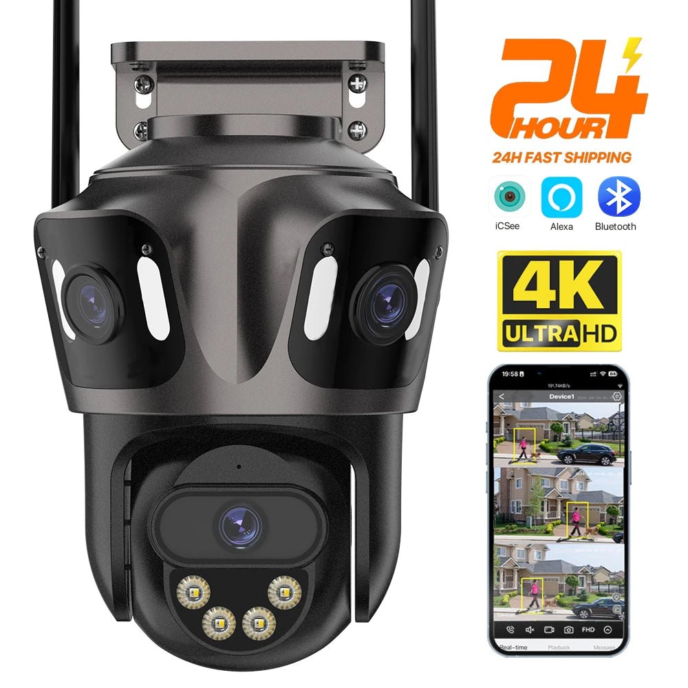 Three Screen WiFi IP Camera Outdoor 4K Tri Lens PTZ - AI Human Detection - stepyours.com